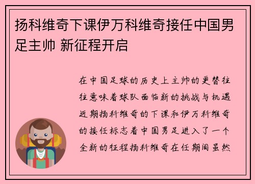 扬科维奇下课伊万科维奇接任中国男足主帅 新征程开启